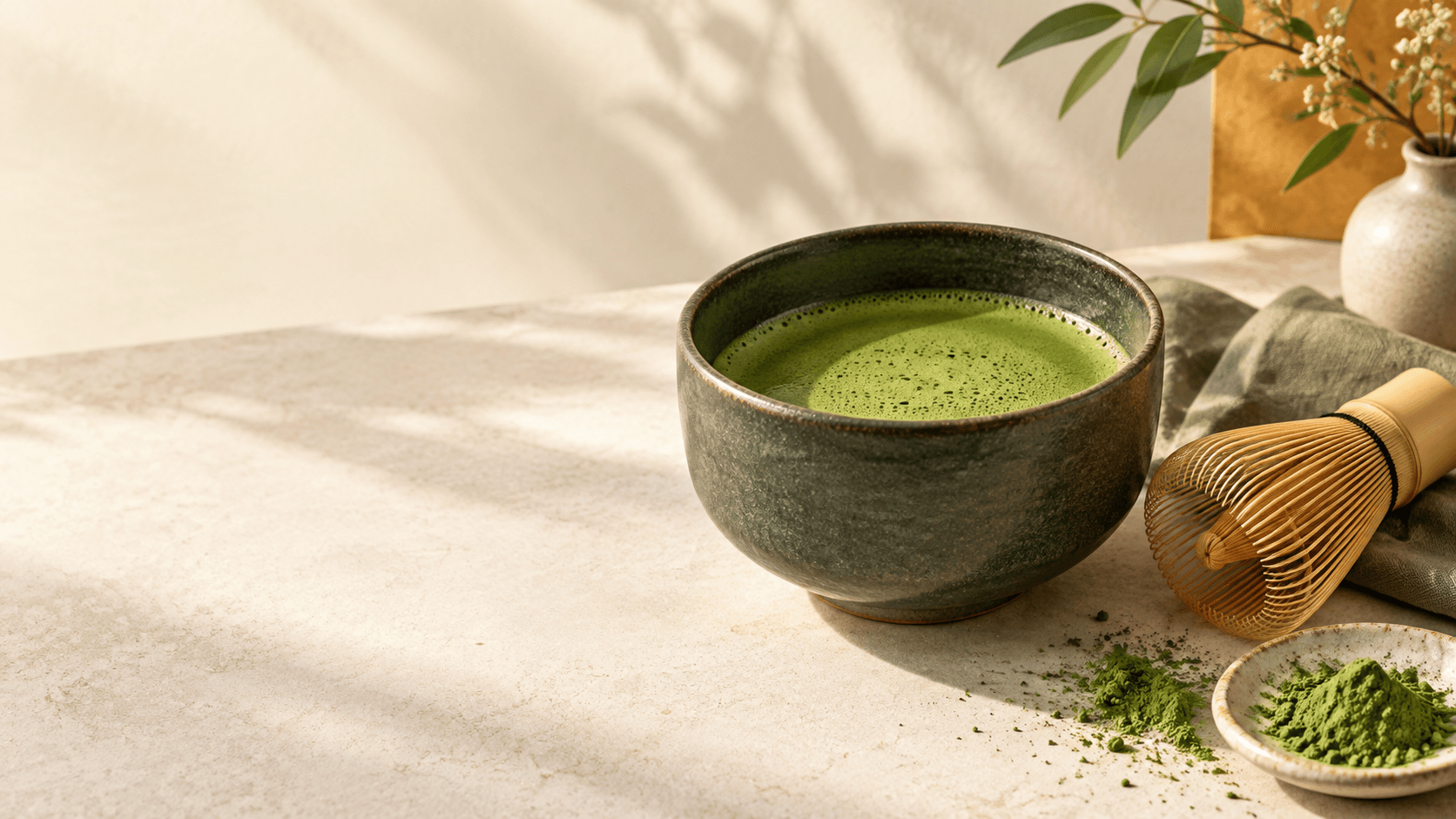 Sift matcha, a ceramic bowl, and a bamboo whisk in morning light